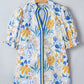 RTS Yellow Floral Print Striped Trim V Neck Puff Sleeve Blouse