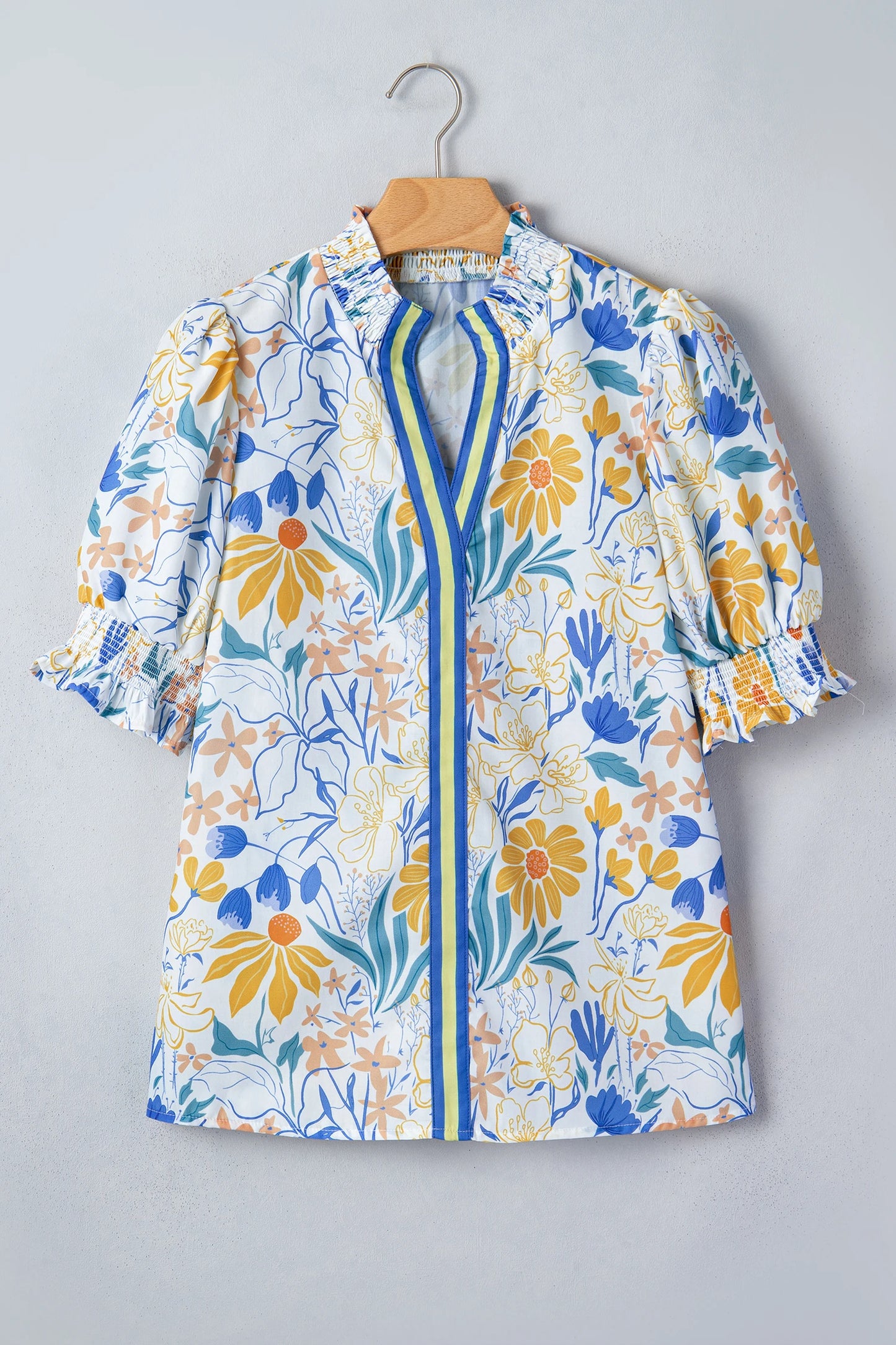 RTS Yellow Floral Print Striped Trim V Neck Puff Sleeve Blouse