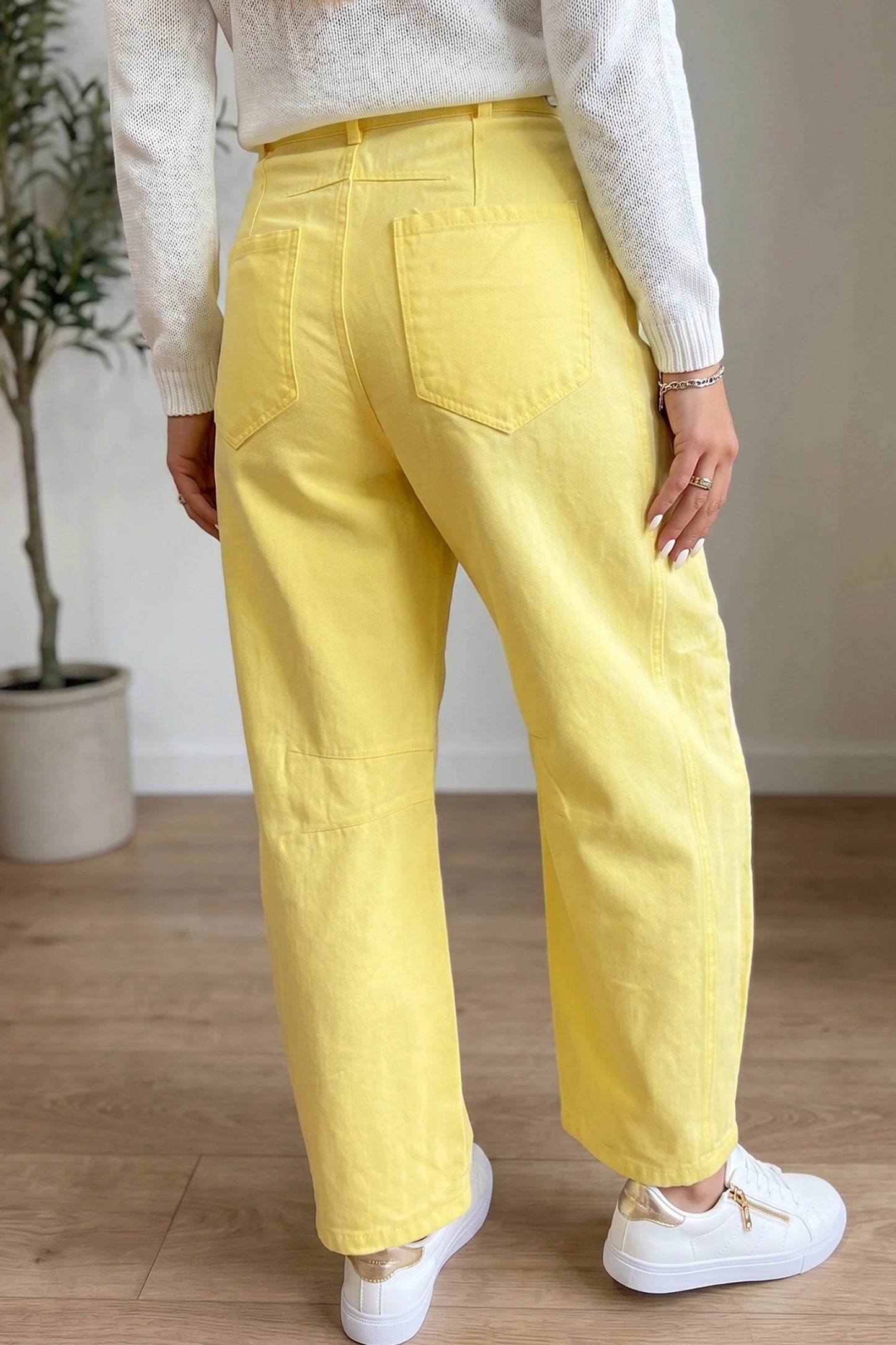 Francey Yellow Grommet Detail Knot Waist Barrel Jeans