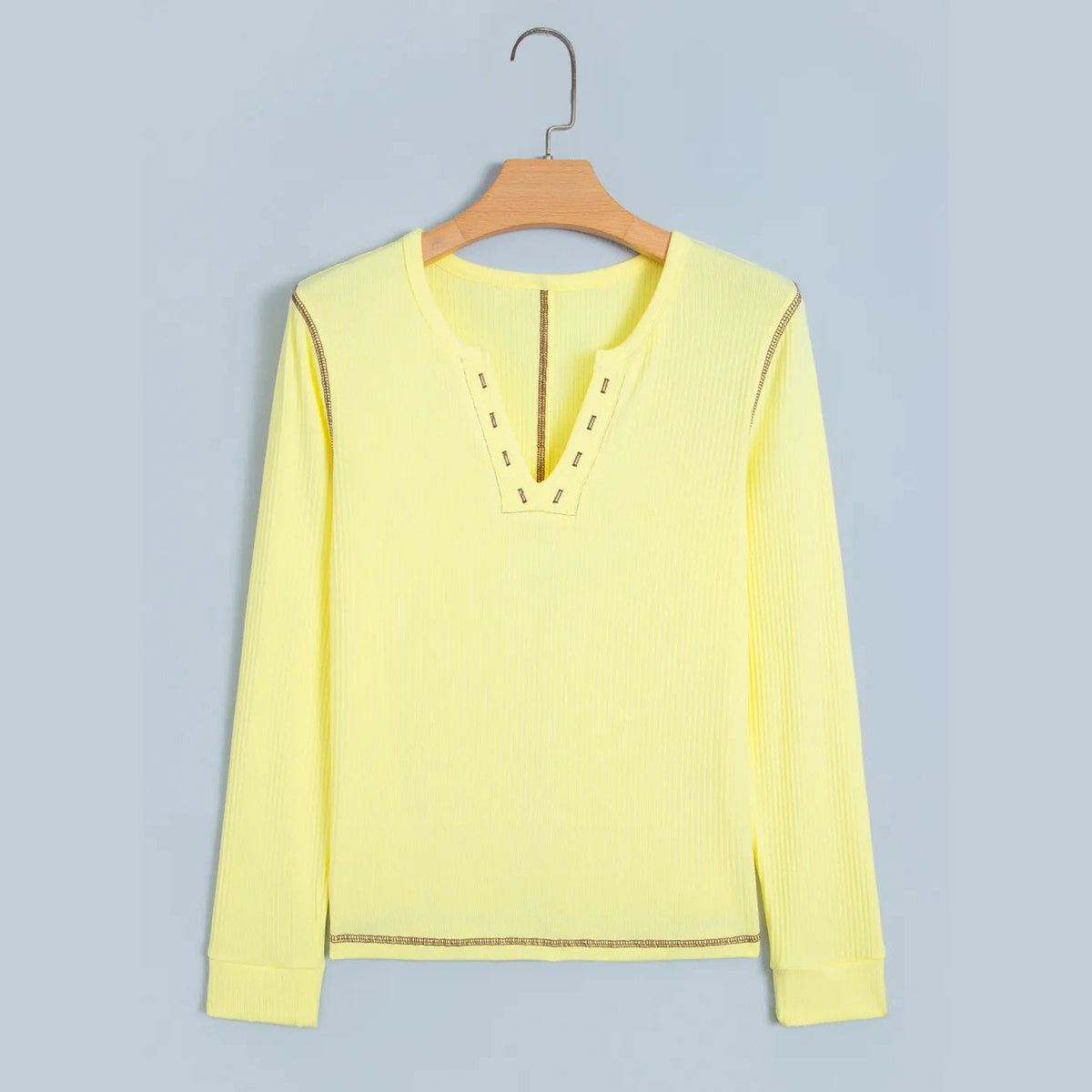 Hayley Yellow V Neck Ribbed Stitched Detail Long Sleeve Top