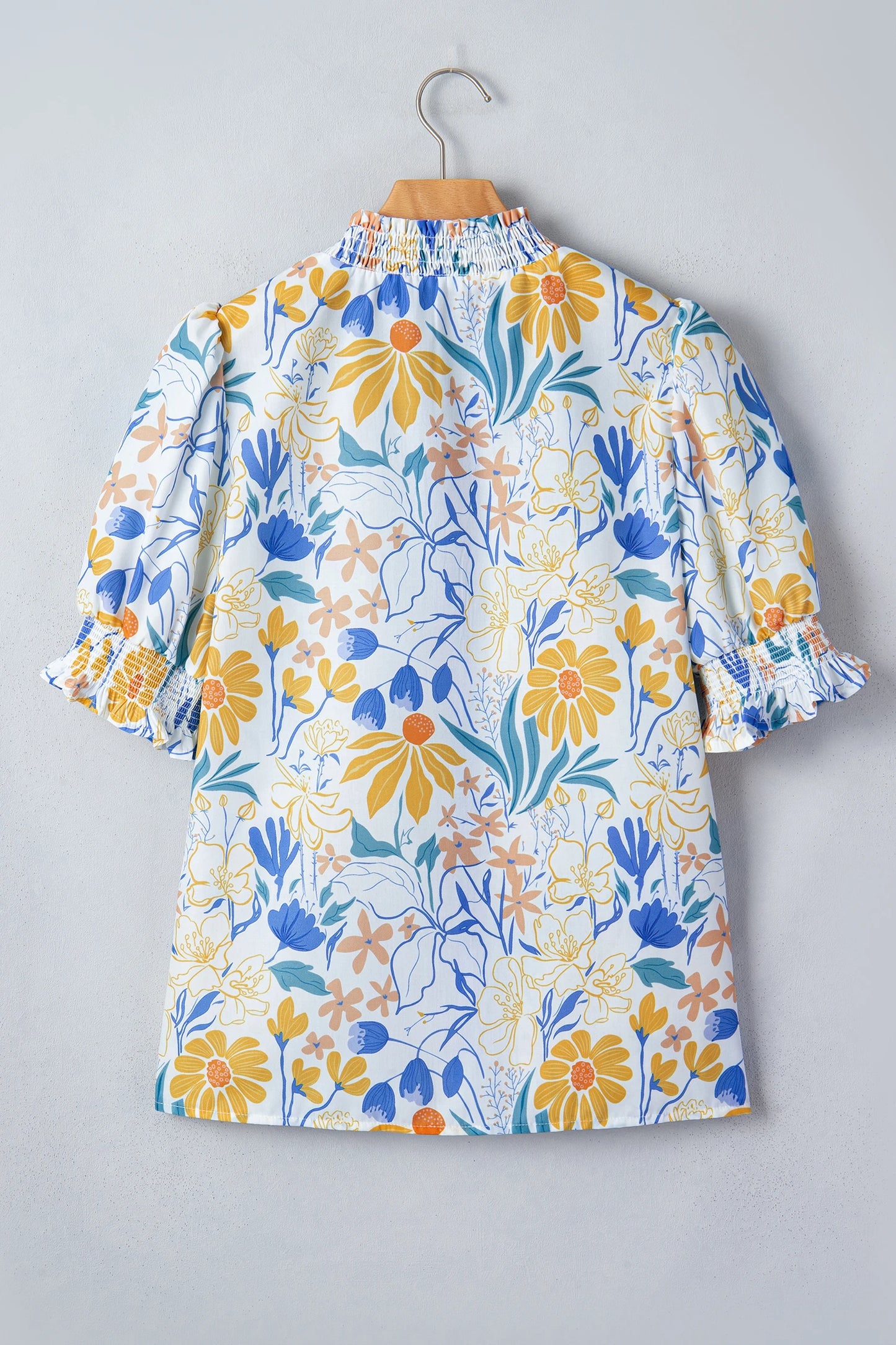 RTS Yellow Floral Print Striped Trim V Neck Puff Sleeve Blouse