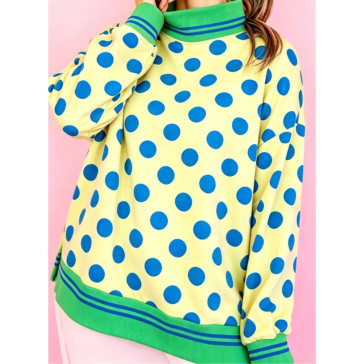 Graysen Yellow Polka Dot Striped Trim Mock Neck Sweatshirt