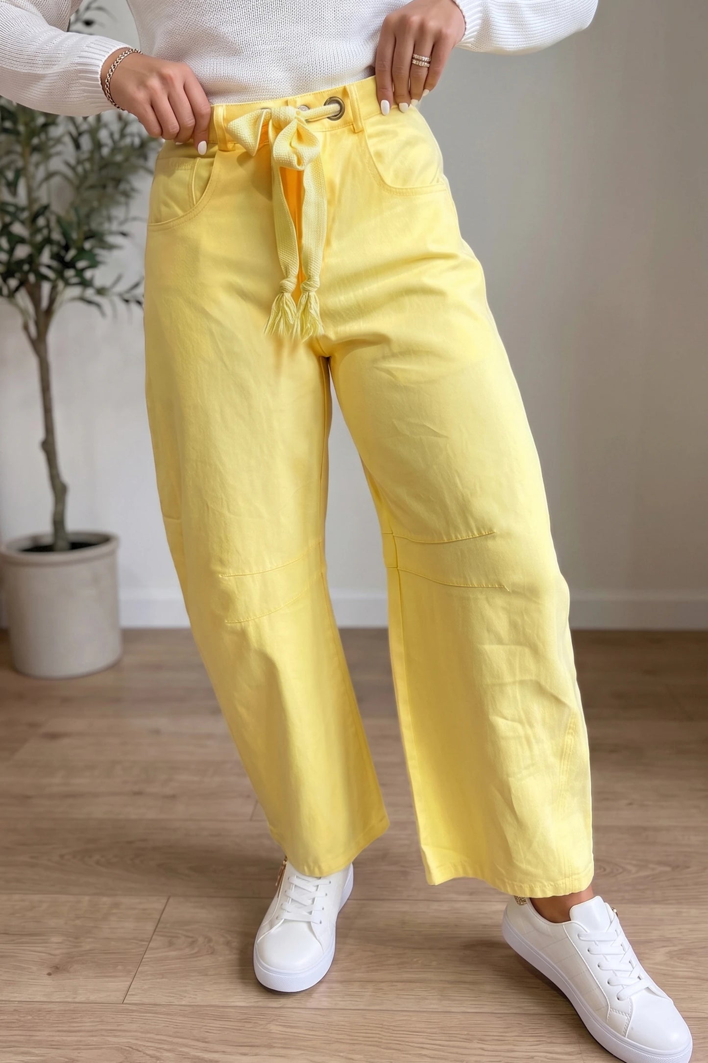 Francey Yellow Grommet Detail Knot Waist Barrel Jeans