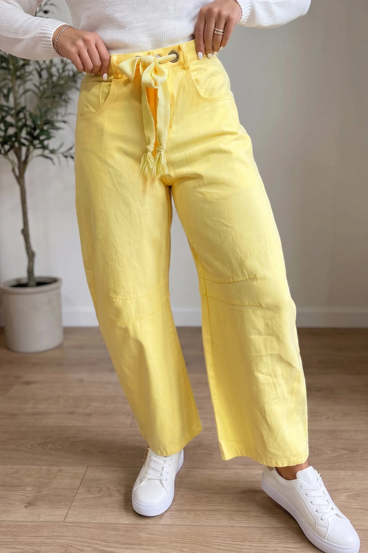 Francey Yellow Grommet Detail Knot Waist Barrel Jeans