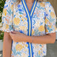 RTS Yellow Floral Print Striped Trim V Neck Puff Sleeve Blouse