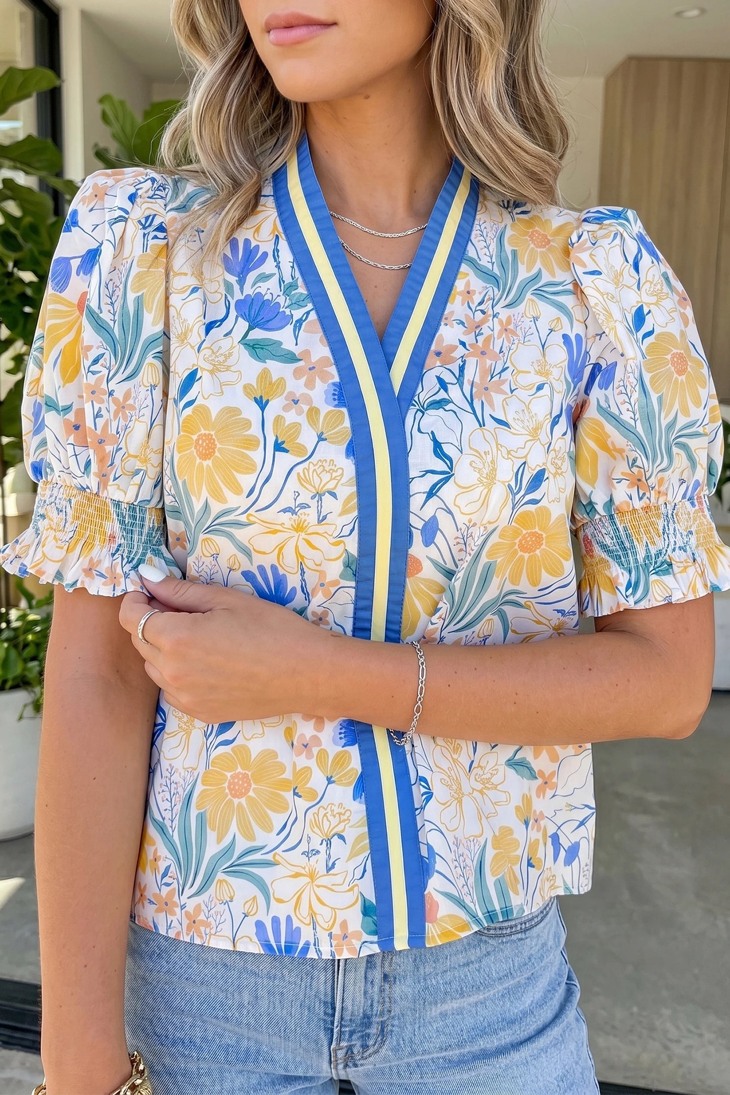 RTS Yellow Floral Print Striped Trim V Neck Puff Sleeve Blouse