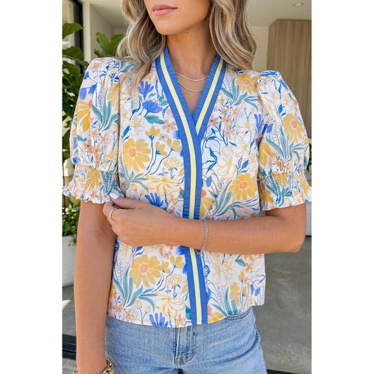 RTS Yellow Floral Print Striped Trim V Neck Puff Sleeve Blouse