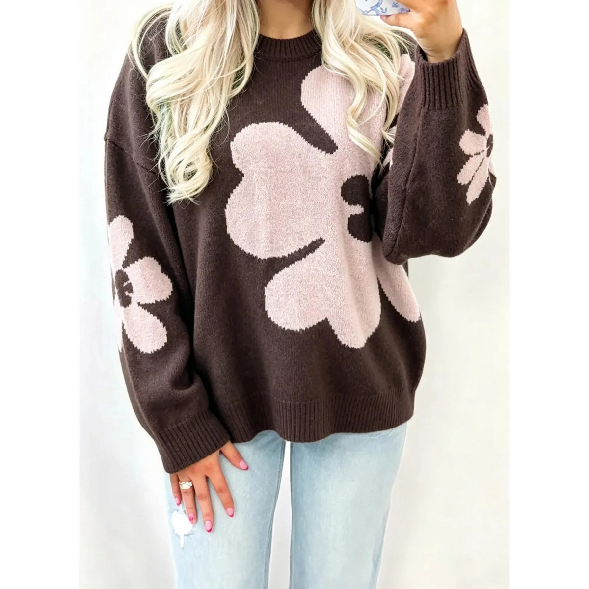 Yesenia Cozy Floral Print Round Neck Dropped Shoulder Casual Sweater