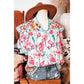 RTS Yesenia Pink Floral Print Striped Detail Split Neck Short Sleeve Blouse