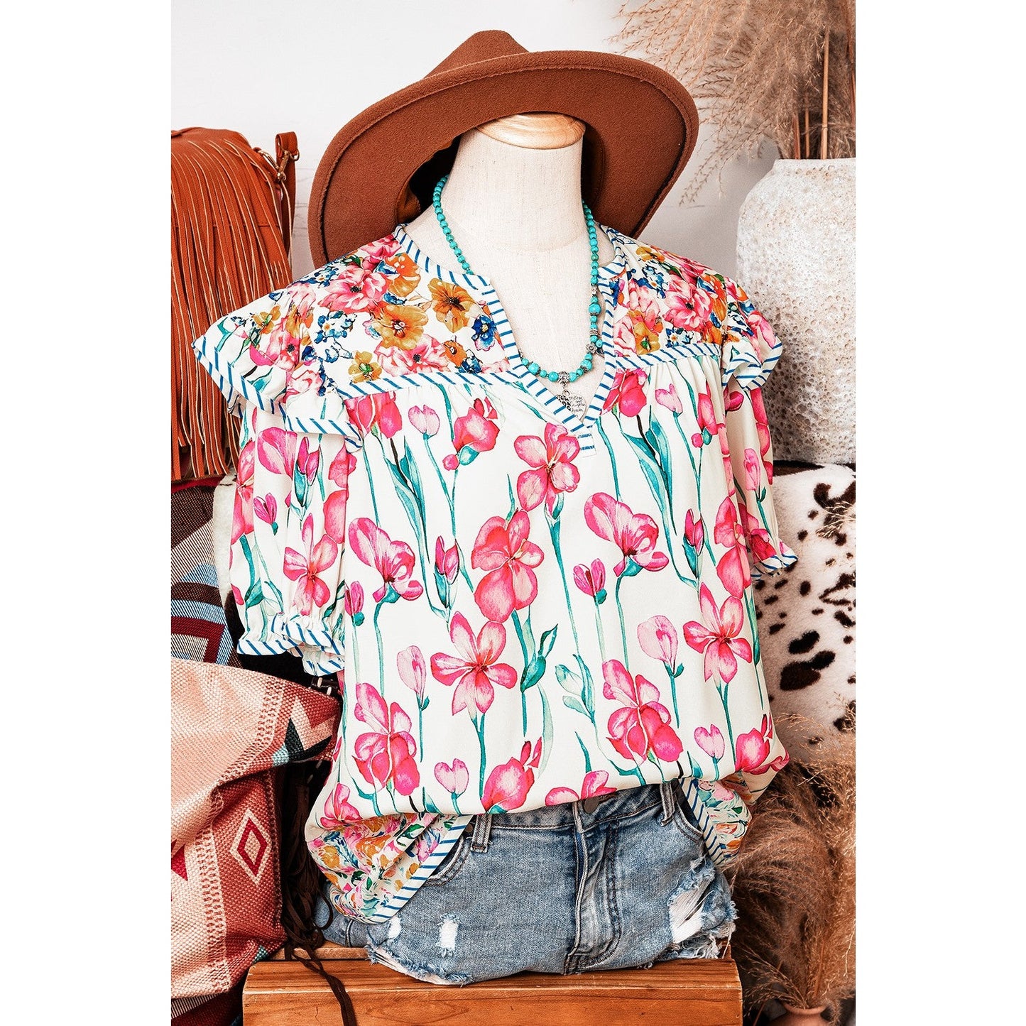 RTS Yesenia Pink Floral Print Striped Detail Split Neck Short Sleeve Blouse