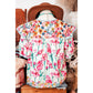RTS Yesenia Pink Floral Print Striped Detail Split Neck Short Sleeve Blouse