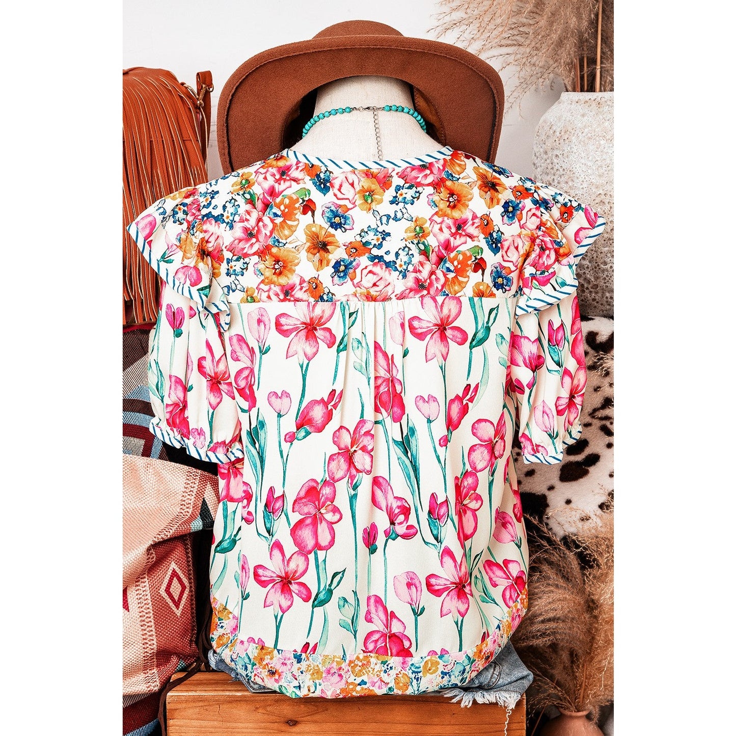 RTS Yesenia Pink Floral Print Striped Detail Split Neck Short Sleeve Blouse