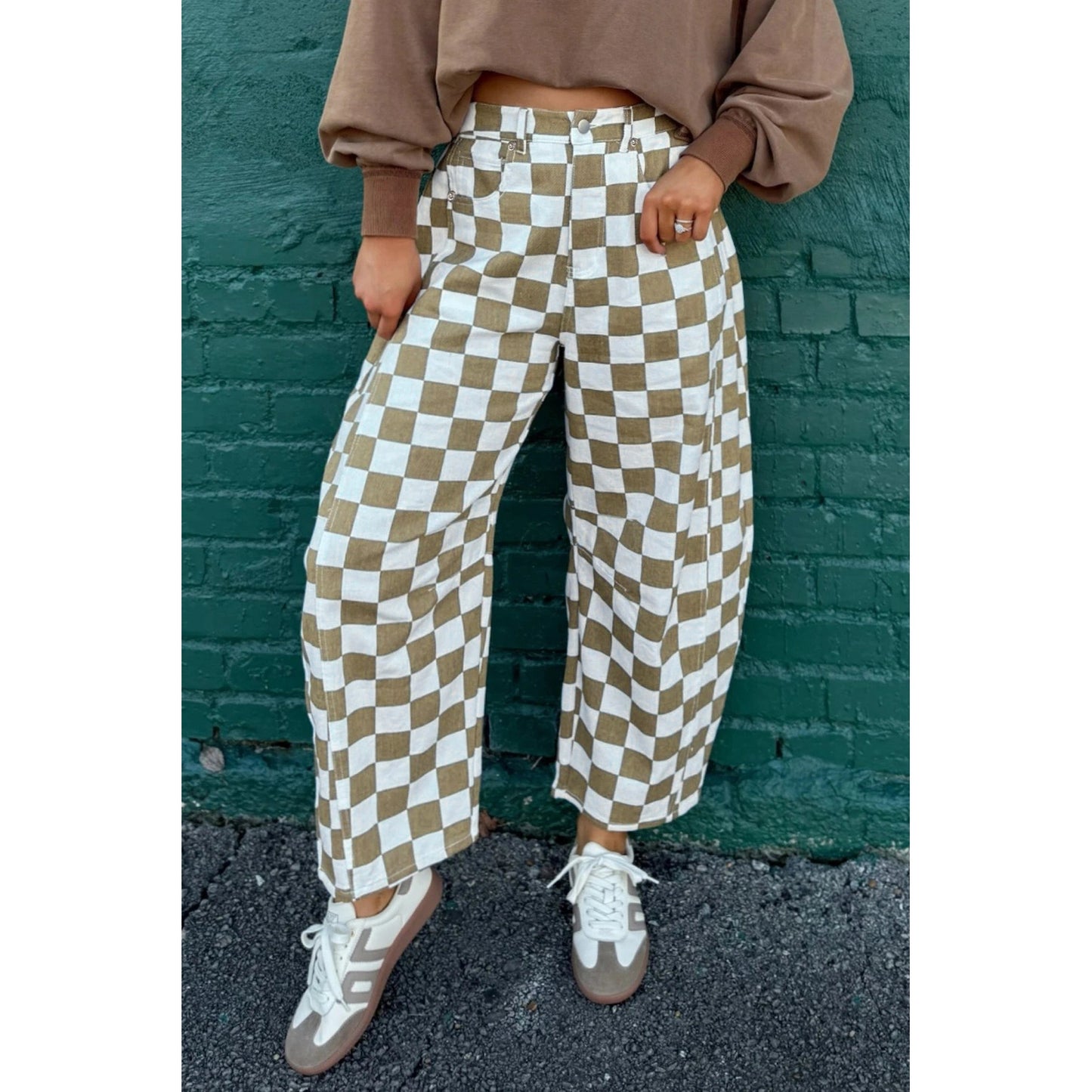 Yetta White Checkered Print Denim Barrel Pants