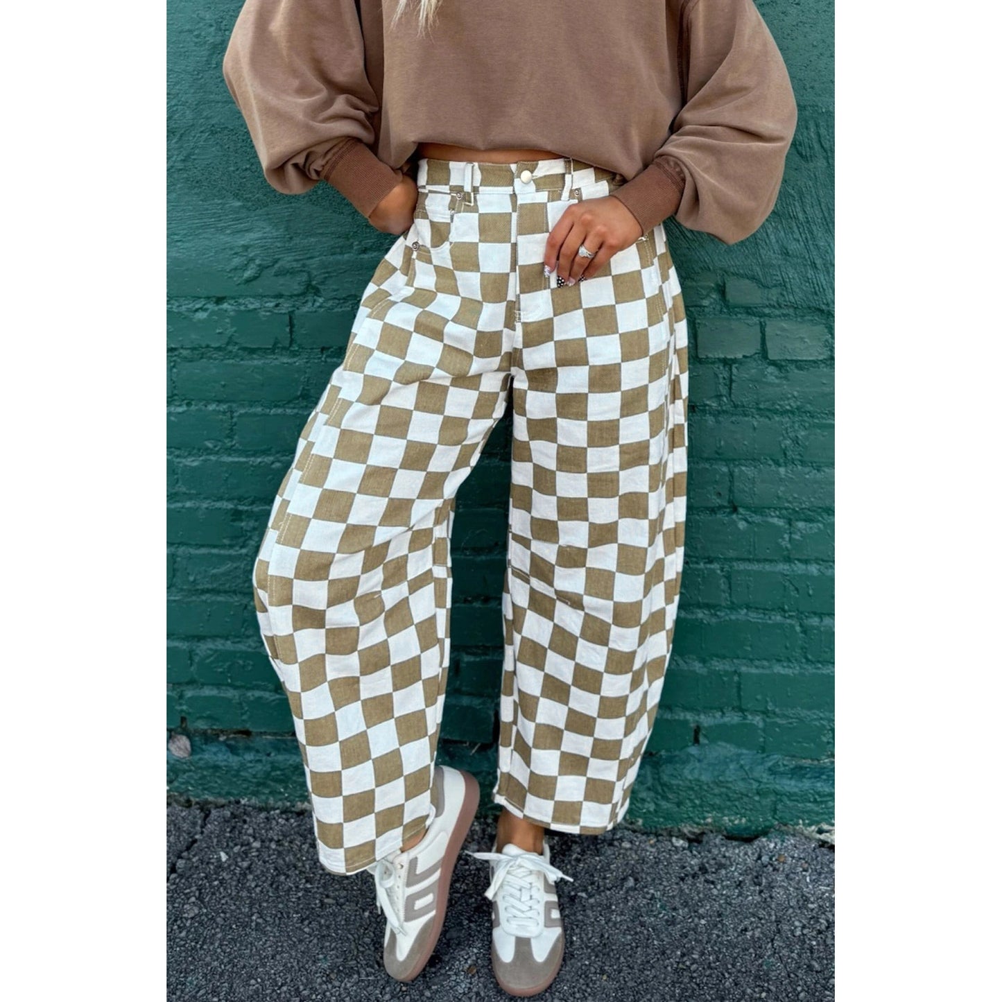 Yetta White Checkered Print Denim Barrel Pants