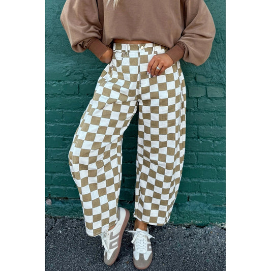 Yetta White Checkered Print Denim Barrel Pants