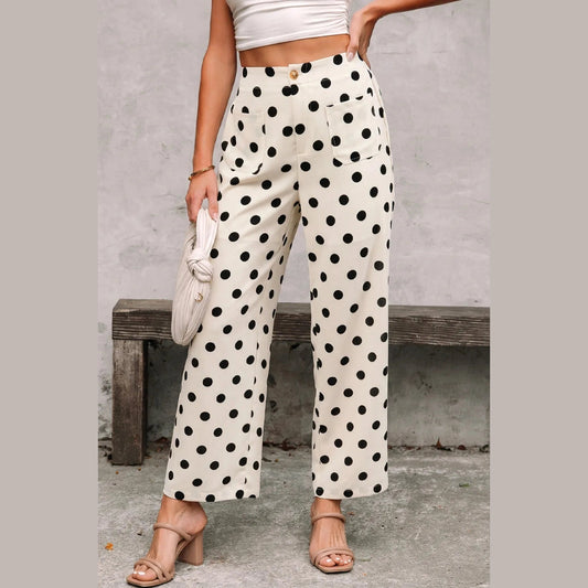 Yolanda White Polka Dot Print Patched Pocket Loose Pants