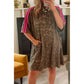 Zahra Brown Loose Contrast Striped Accent Leopard T Shirt Mini Dress with Pockets