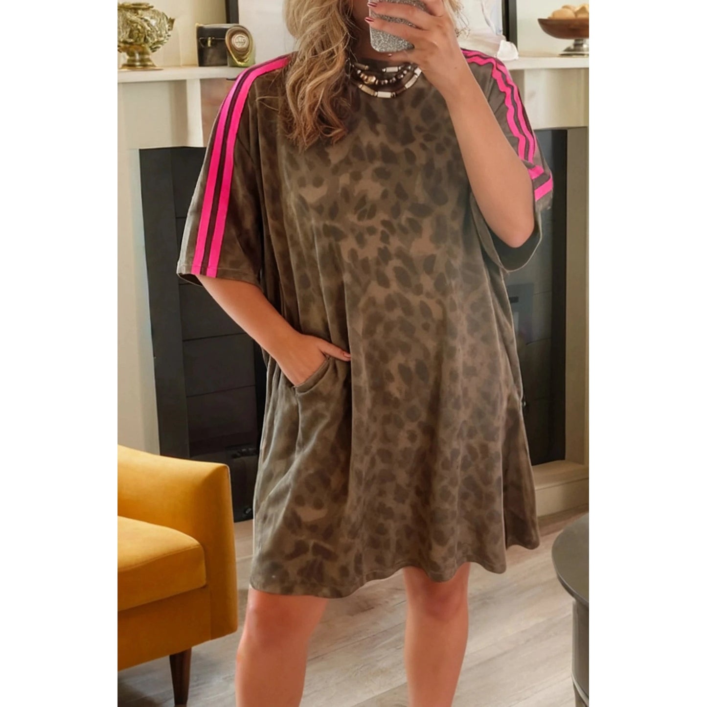 Zahra Brown Loose Contrast Striped Accent Leopard T Shirt Mini Dress with Pockets