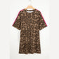 Zahra Brown Loose Contrast Striped Accent Leopard T Shirt Mini Dress with Pockets