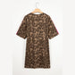 Zahra Brown Loose Contrast Striped Accent Leopard T Shirt Mini Dress with Pockets