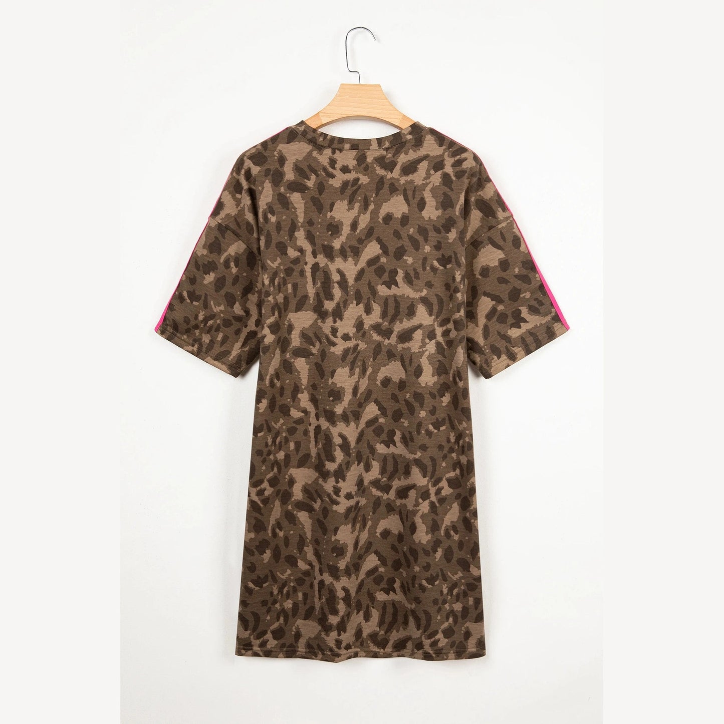 Zahra Brown Loose Contrast Striped Accent Leopard T Shirt Mini Dress with Pockets