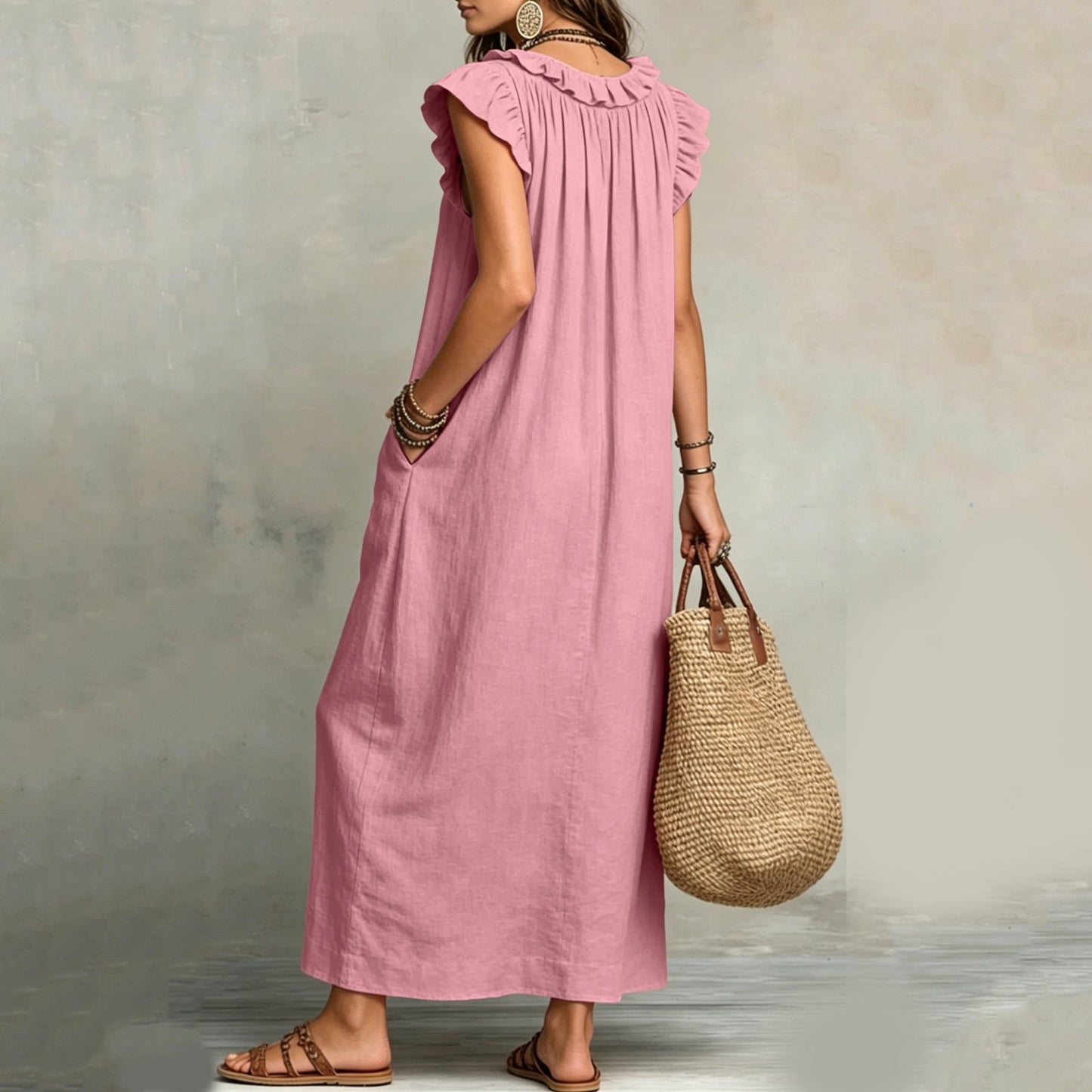 Zandra Blush Ruffle Breeze Maxi Dress w/ Pockets