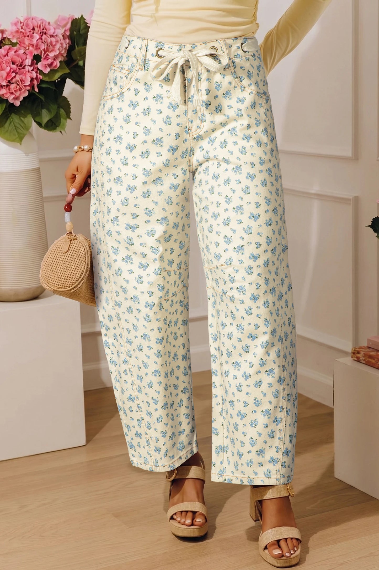 Zara Grommet Knot Waist Floral Barrel Leg Jeans