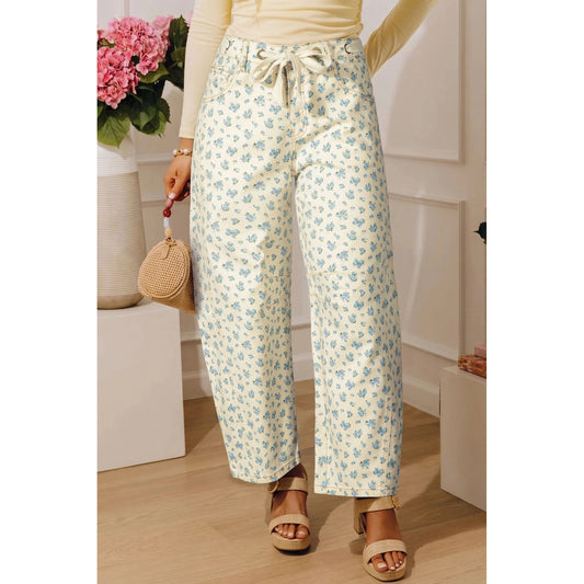 Zara Grommet Knot Waist Floral Barrel Leg Jeans