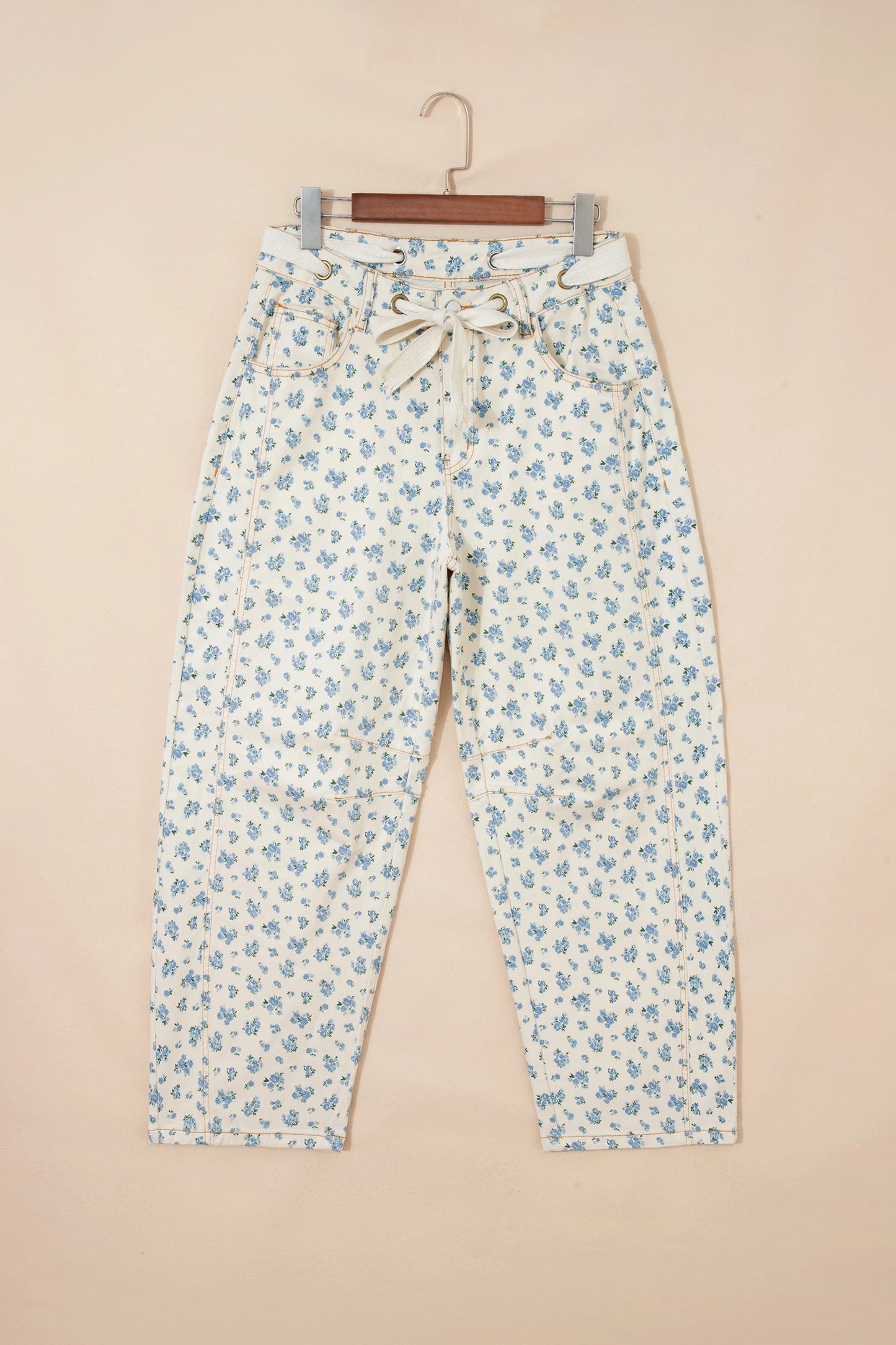 Zara Grommet Knot Waist Floral Barrel Leg Jeans