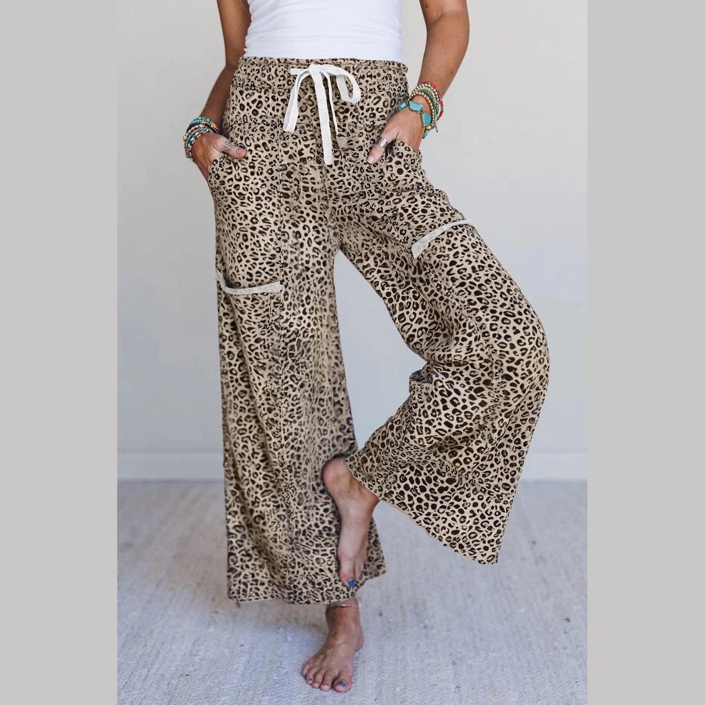 Zaza Khaki Animal Print Wide Leg Terry Knit Pants