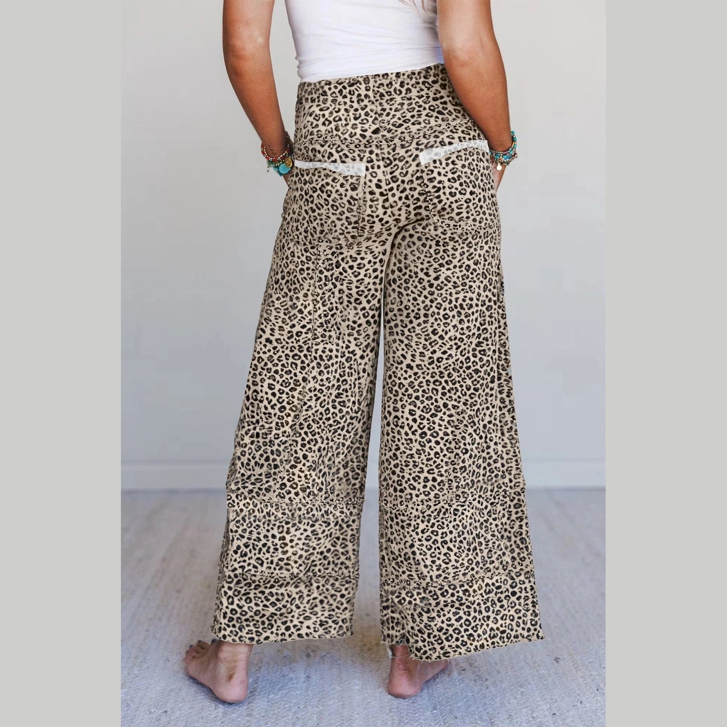 Zaza Khaki Animal Print Wide Leg Terry Knit Pants