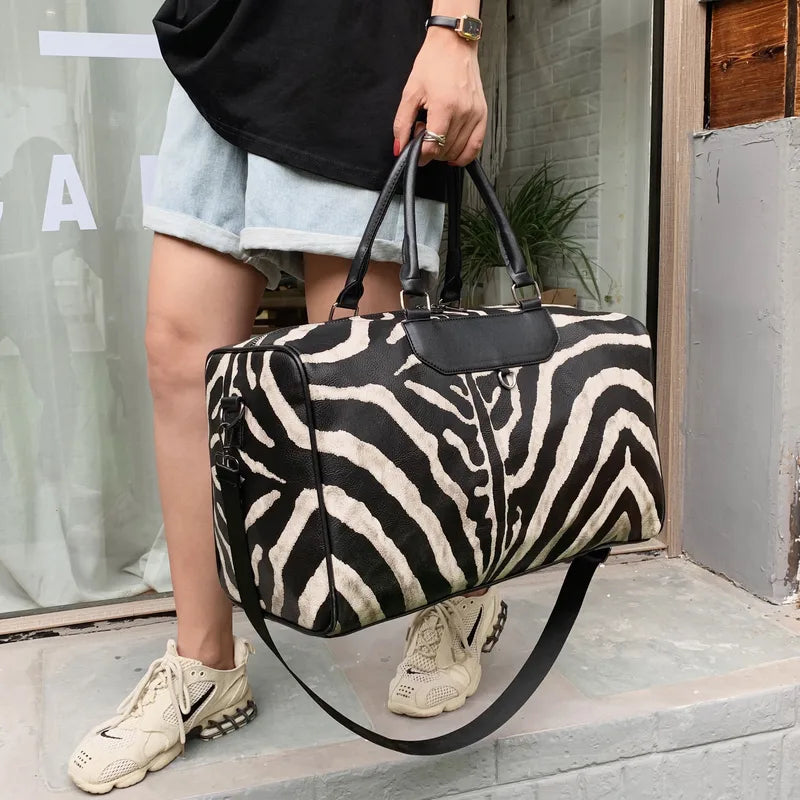 Zebra Faux Leather Large Capacity Travel Bag