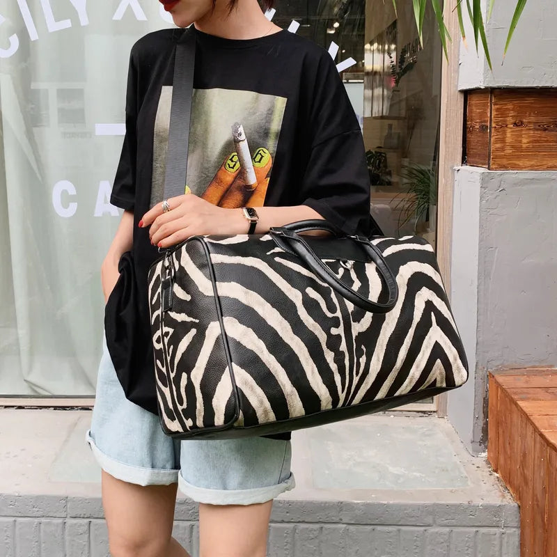 Zebra Faux Leather Large Capacity Travel Bag