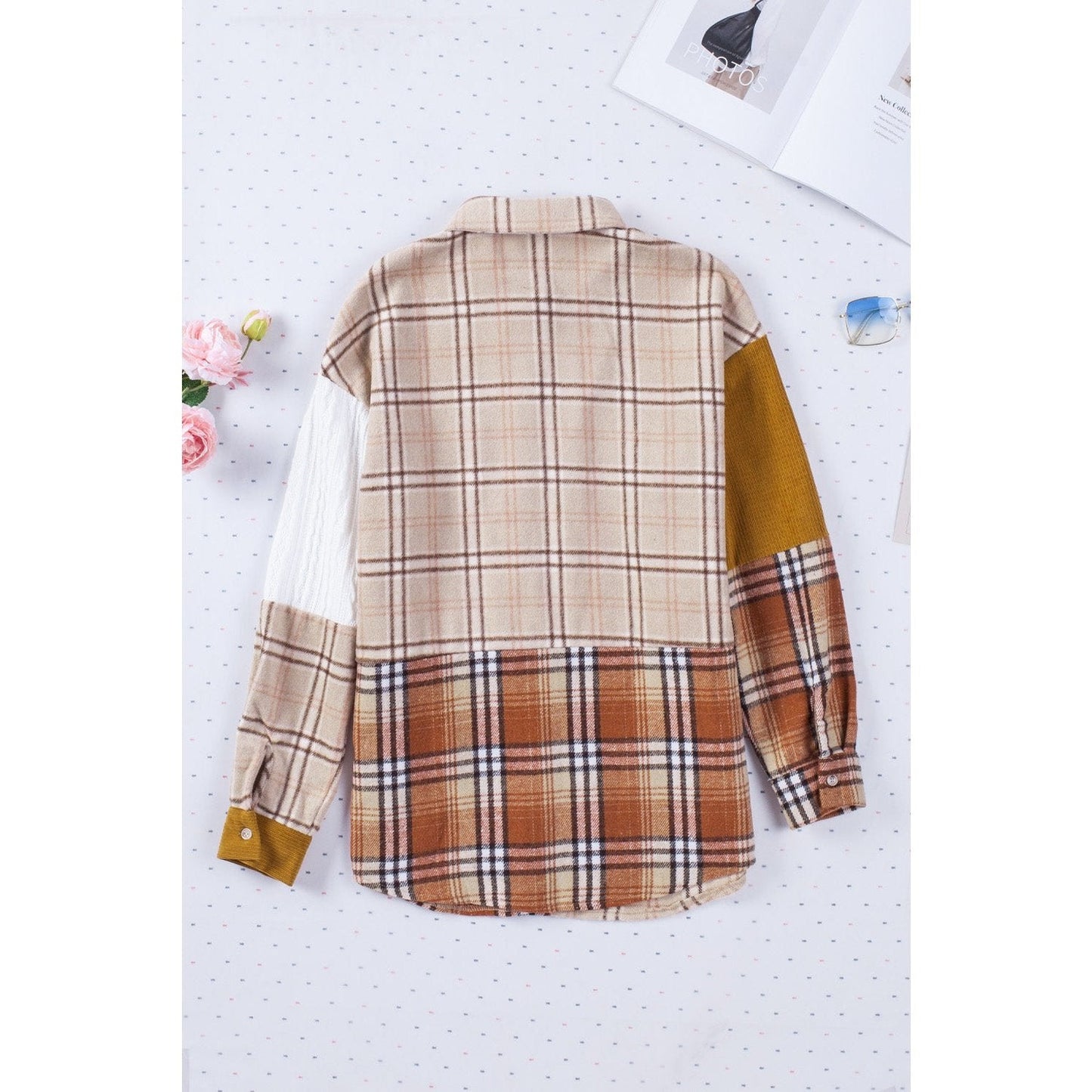 Zellie Plaid Color Block Patchwork Shirt Jacket with Pocket