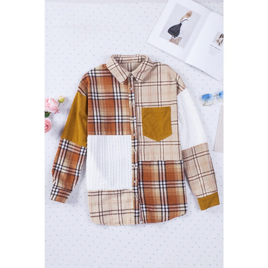 Zellie Plaid Color Block Patchwork Shirt Jacket with Pocket