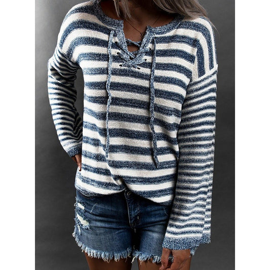 Ziah Blue Striped Knit Tie up Sweater