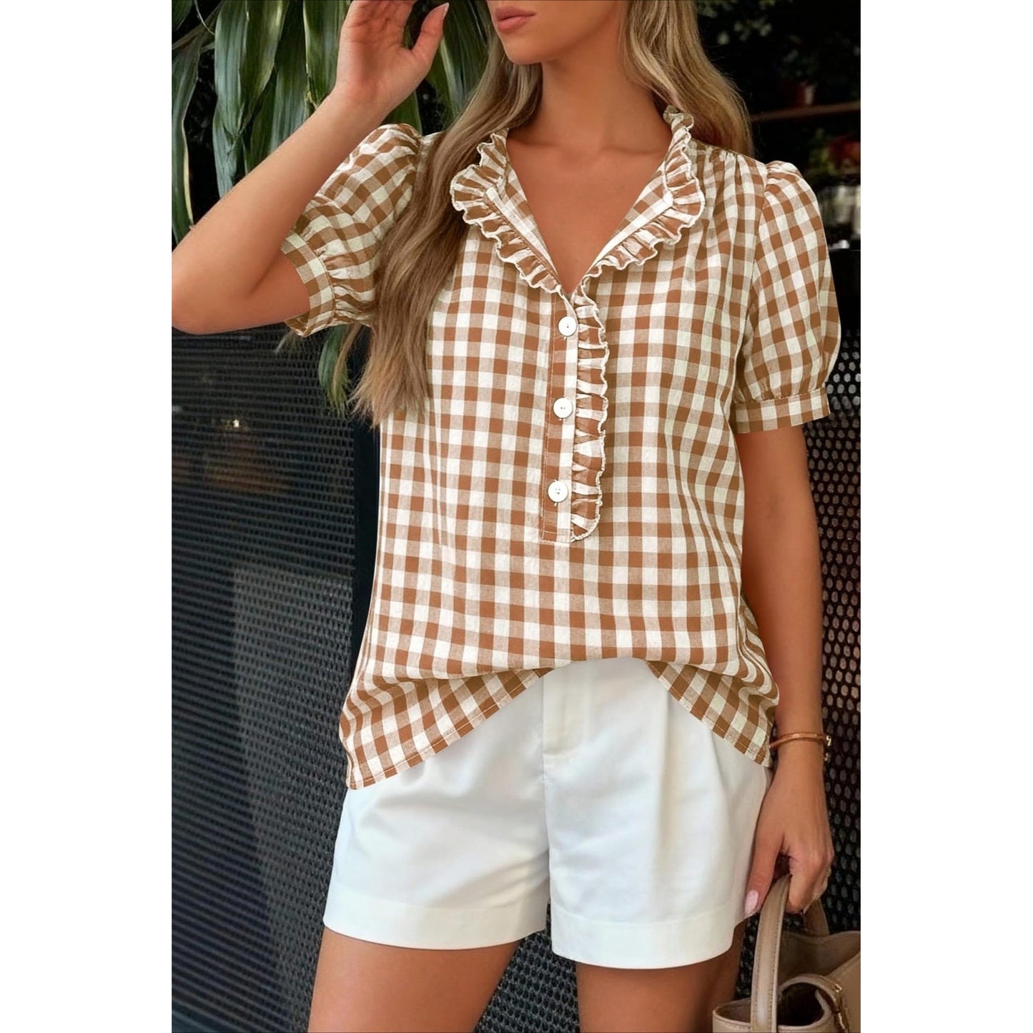 Zinnia Brown Gingham Ruffle Button Blouse