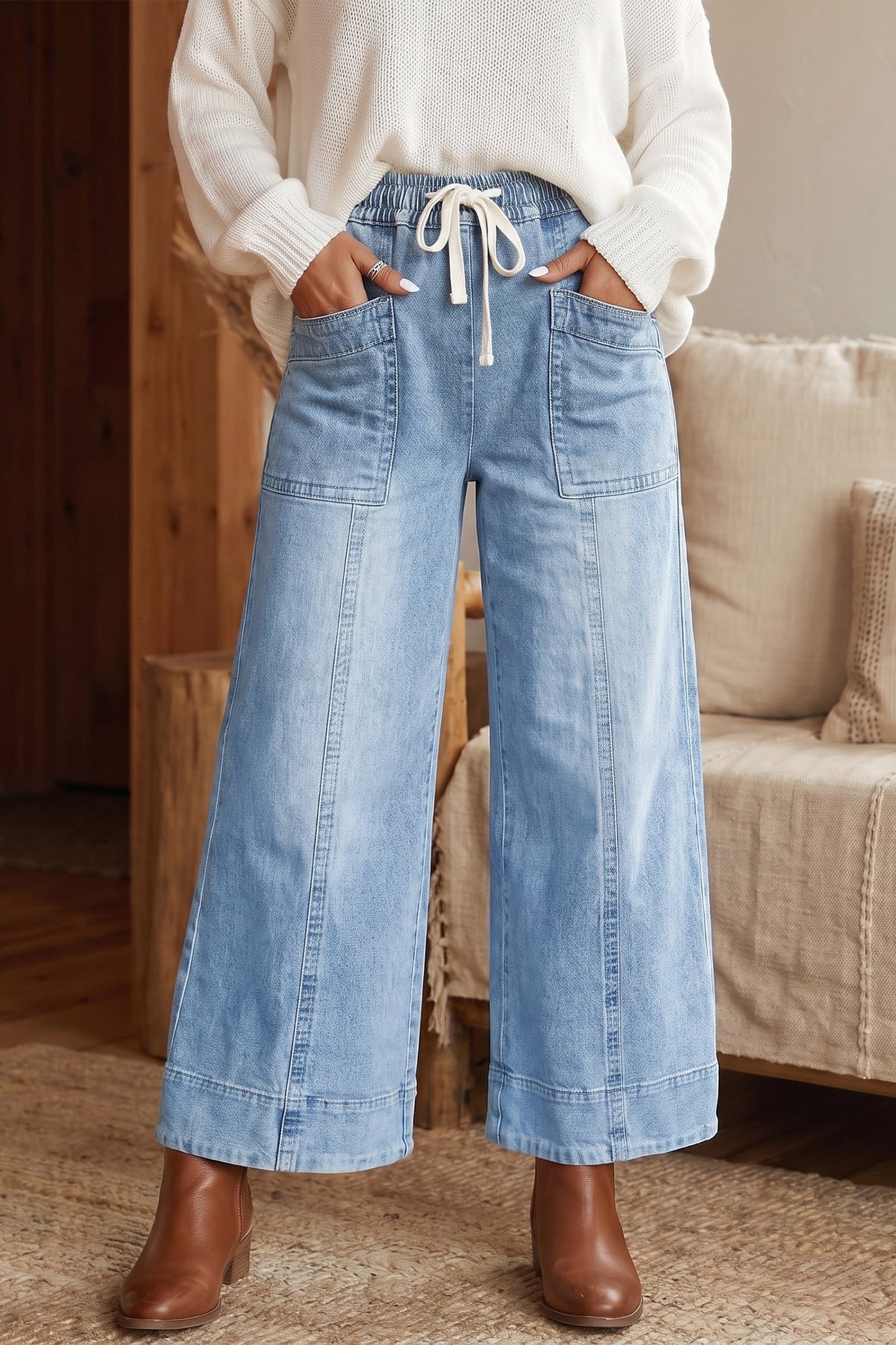 Zoella Beau Blue Drawstring Waist Wide Leg Ankle Length Jeans