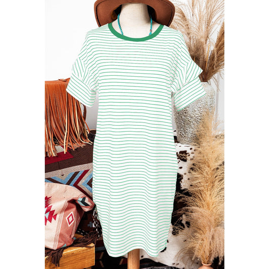 Zoella Green Stripe Ruffled Short Sleeve Crew Neck T Shirt Shift Mini Dress