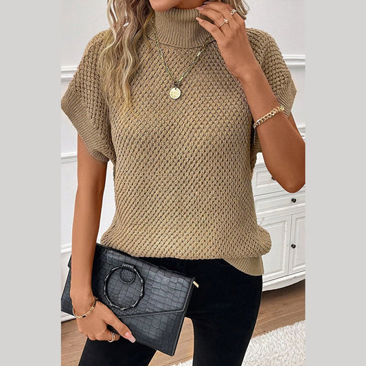 Zoey Khaki Turtleneck Textured Short Sleeve Sweater