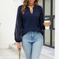 Zyna Navy Sheer Chevron‑Sleeve Blouse with Elegant V‑Neck