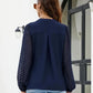 Zyna Navy Sheer Chevron‑Sleeve Blouse with Elegant V‑Neck