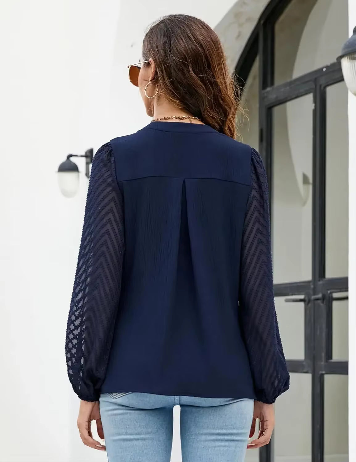Zyna Navy Sheer Chevron‑Sleeve Blouse with Elegant V‑Neck