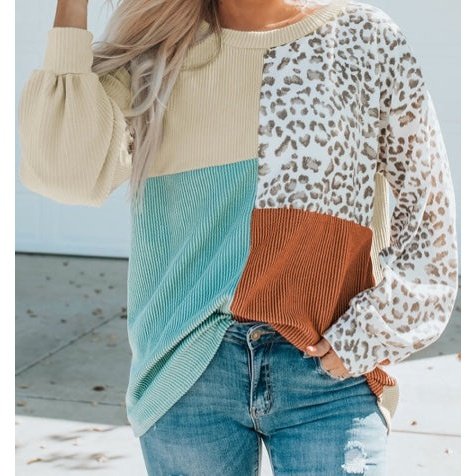 Daria Blue Leopard Patchwork Color Block Ribbed Top