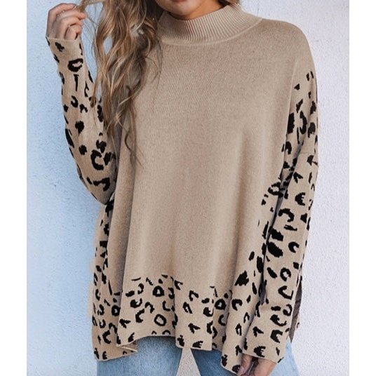 Brandi Leopard High Neck Side Slit Oversized Sweater - S to 3X