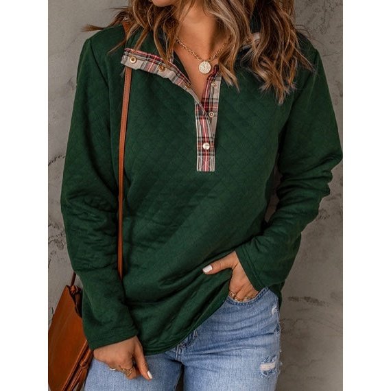 Kennedy Green Geometric Texture Plaid Trim Sweatshirt