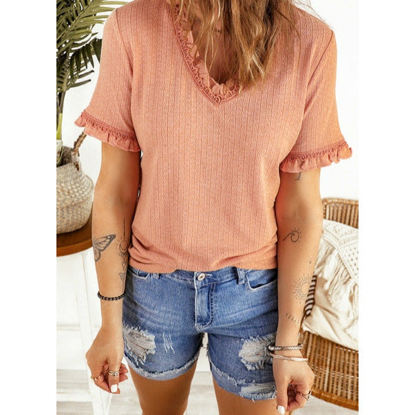 Giovanna Textured Frill V Neck T-shirt