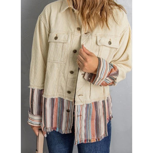 Sylvie Button Up Pocketed Striped Color Block Corduroy Jacket