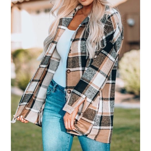 Bexley Khaki Plaid Turn Down Collar Coat