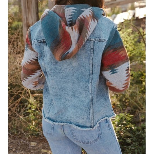 Jessamy Multicolor Aztec Print Frayed Hem Denim Jacket